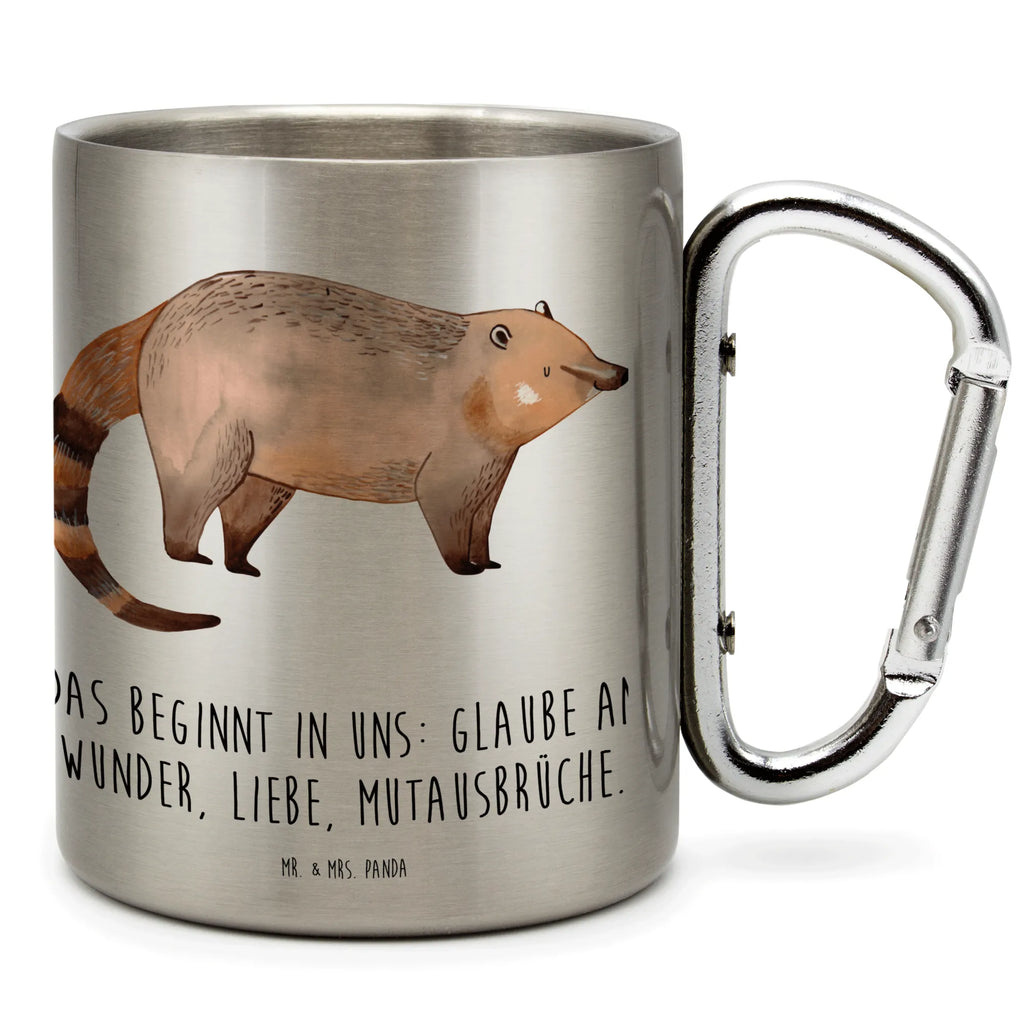 Edelstahlbecher Nasenbär Edelstahltasse, Karabiner, Edelstahlbecher, Outdoor, Camping, Tasse, Becher, Tiermotive, Gute Laune, lustige Sprüche, Tiere, Nasenbär, Nasenbären, Rüsselbär, Bär