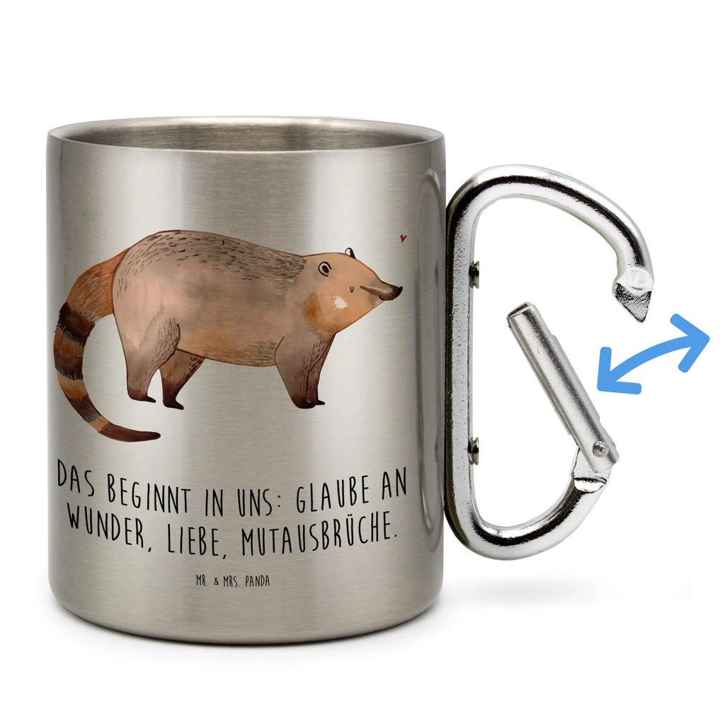 Edelstahlbecher Nasenbär Edelstahltasse, Karabiner, Edelstahlbecher, Outdoor, Camping, Tasse, Becher, Tiermotive, Gute Laune, lustige Sprüche, Tiere, Nasenbär, Nasenbären, Rüsselbär, Bär