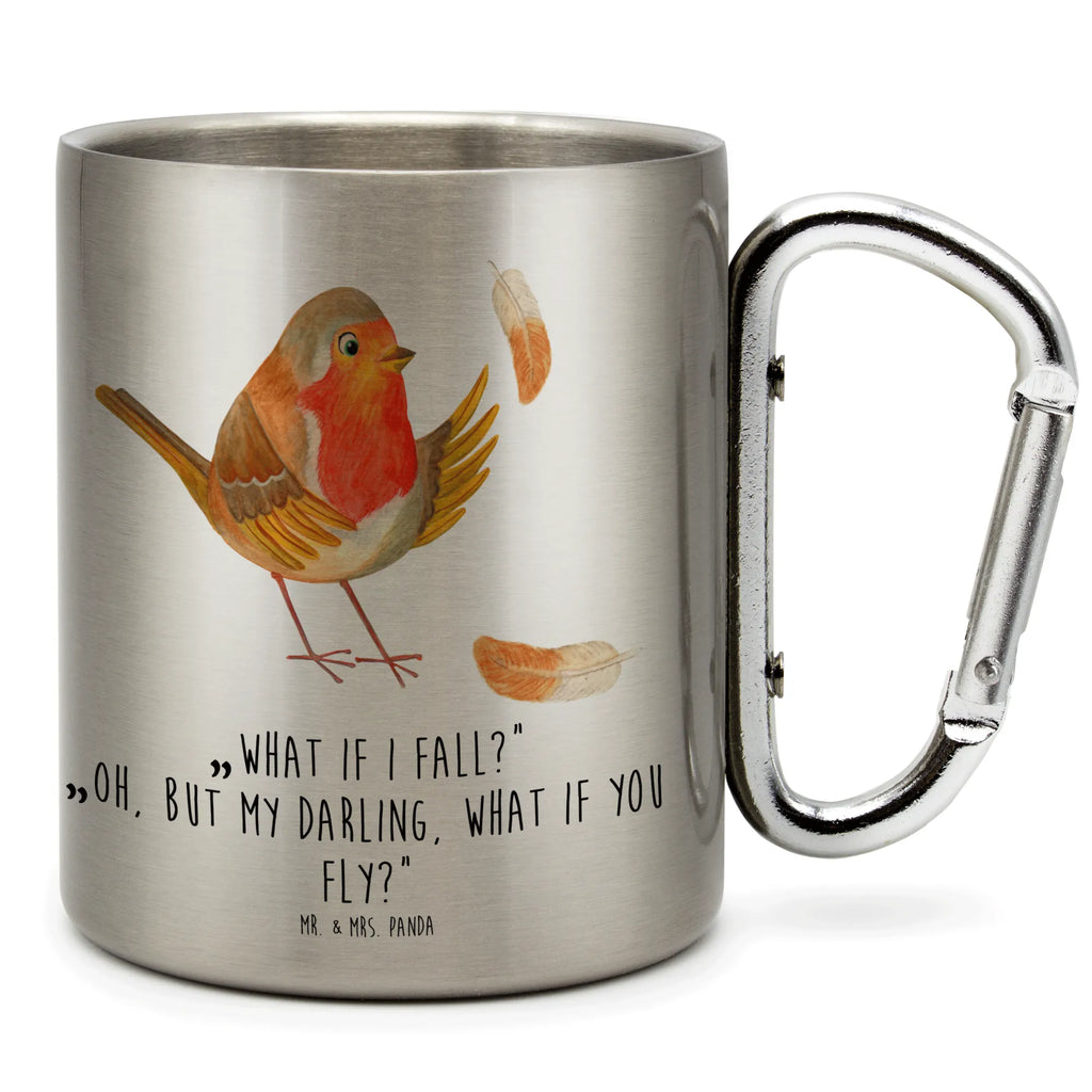 Edelstahlbecher Rotkehlchen mit Federn Edelstahltasse, Karabiner, Edelstahlbecher, Outdoor, Camping, Tasse, Becher, Tiermotive, Gute Laune, lustige Sprüche, Tiere, What if i fall, Rotkehlchen, Spruch Motivation, Spruch Mut, Vogel, Motivation Sprüche, Motivationsbilder, fliegen