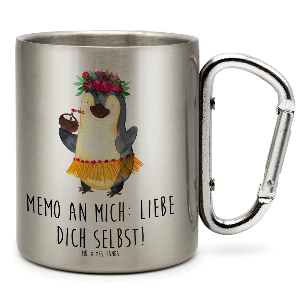 Edelstahlbecher Pinguin Kokosnuss Edelstahltasse, Karabiner, Edelstahlbecher, Outdoor, Camping, Tasse, Becher, Pinguin, Aloha, Hawaii, Urlaub, Kokosnuss, Pinguine