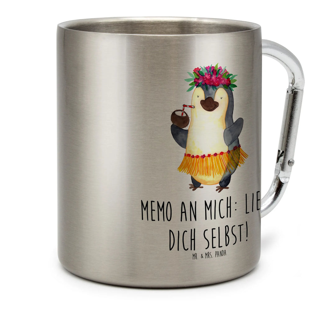 Edelstahlbecher Pinguin Kokosnuss Edelstahltasse, Karabiner, Edelstahlbecher, Outdoor, Camping, Tasse, Becher, Pinguin, Aloha, Hawaii, Urlaub, Kokosnuss, Pinguine