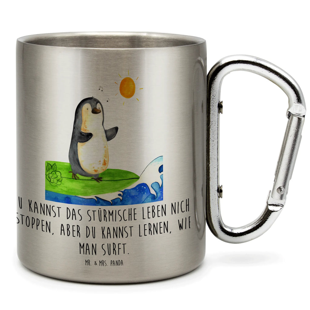 Edelstahlbecher Pinguin Surfer Edelstahltasse, Karabiner, Edelstahlbecher, Outdoor, Camping, Tasse, Becher, Pinguin, Pinguine, surfen, Surfer, Hawaii, Urlaub, Wellen, Wellen reiten, Portugal