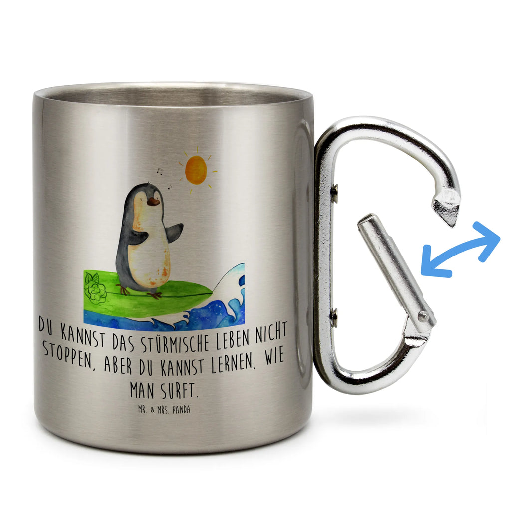 Edelstahlbecher Pinguin Surfer Edelstahltasse, Karabiner, Edelstahlbecher, Outdoor, Camping, Tasse, Becher, Pinguin, Pinguine, surfen, Surfer, Hawaii, Urlaub, Wellen, Wellen reiten, Portugal