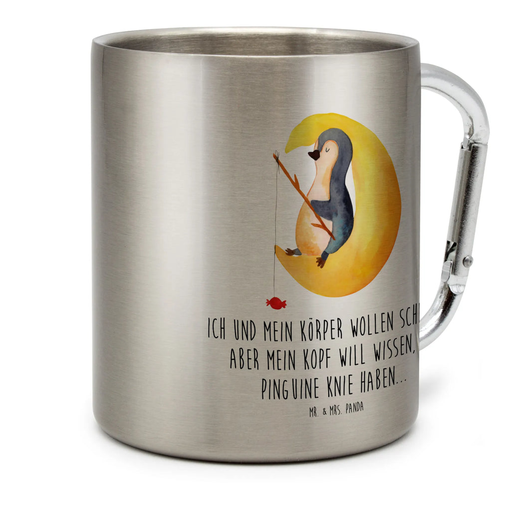 Edelstahlbecher Pinguin Mond Edelstahltasse, Karabiner, Edelstahlbecher, Outdoor, Camping, Tasse, Becher, Pinguin, Pinguine, Spruch, schlafen, Nachtruhe, Einschlafen, Schlafzimmer, Schlafstörungen, Gästezimmer