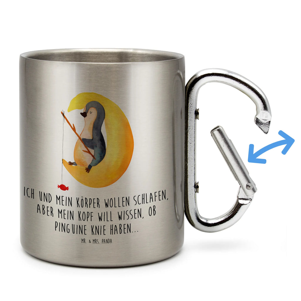 Edelstahlbecher Pinguin Mond Edelstahltasse, Karabiner, Edelstahlbecher, Outdoor, Camping, Tasse, Becher, Pinguin, Pinguine, Spruch, schlafen, Nachtruhe, Einschlafen, Schlafzimmer, Schlafstörungen, Gästezimmer