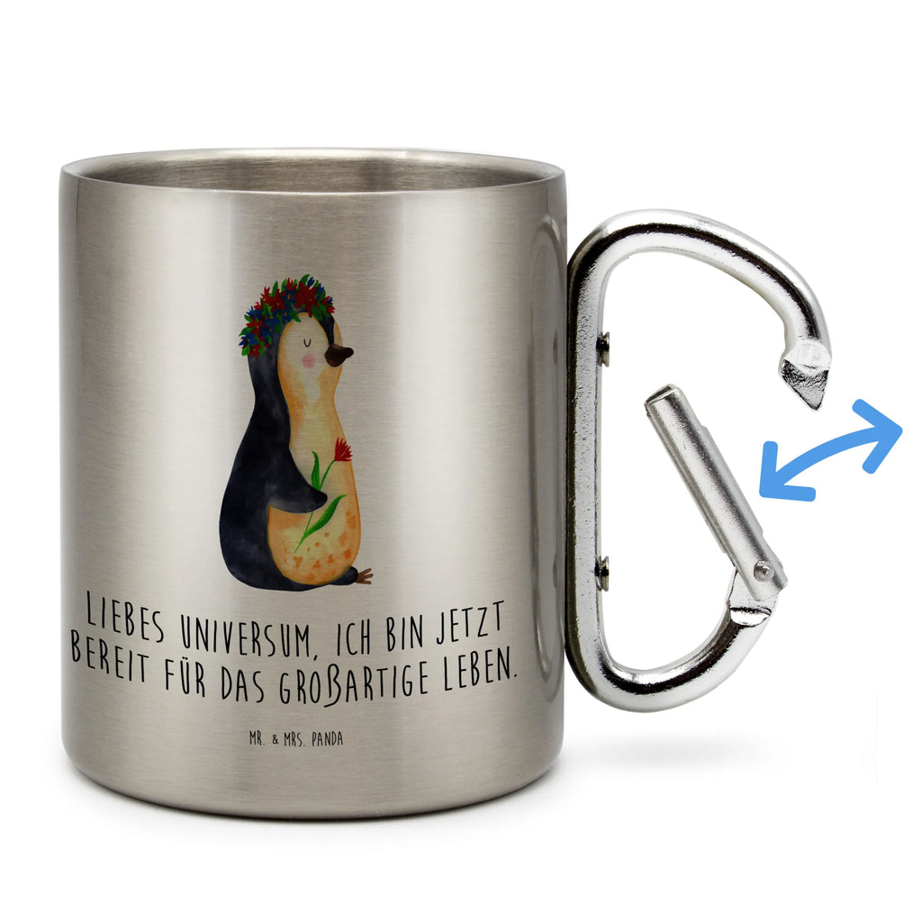 Edelstahlbecher Pinguin Blumenkranz Edelstahltasse, Karabiner, Edelstahlbecher, Outdoor, Camping, Tasse, Becher, Pinguin, Pinguine, Blumenkranz, Universum, Leben, Wünsche, Ziele, Lebensziele, Motivation, Lebenslust, Liebeskummer, Geschenkidee