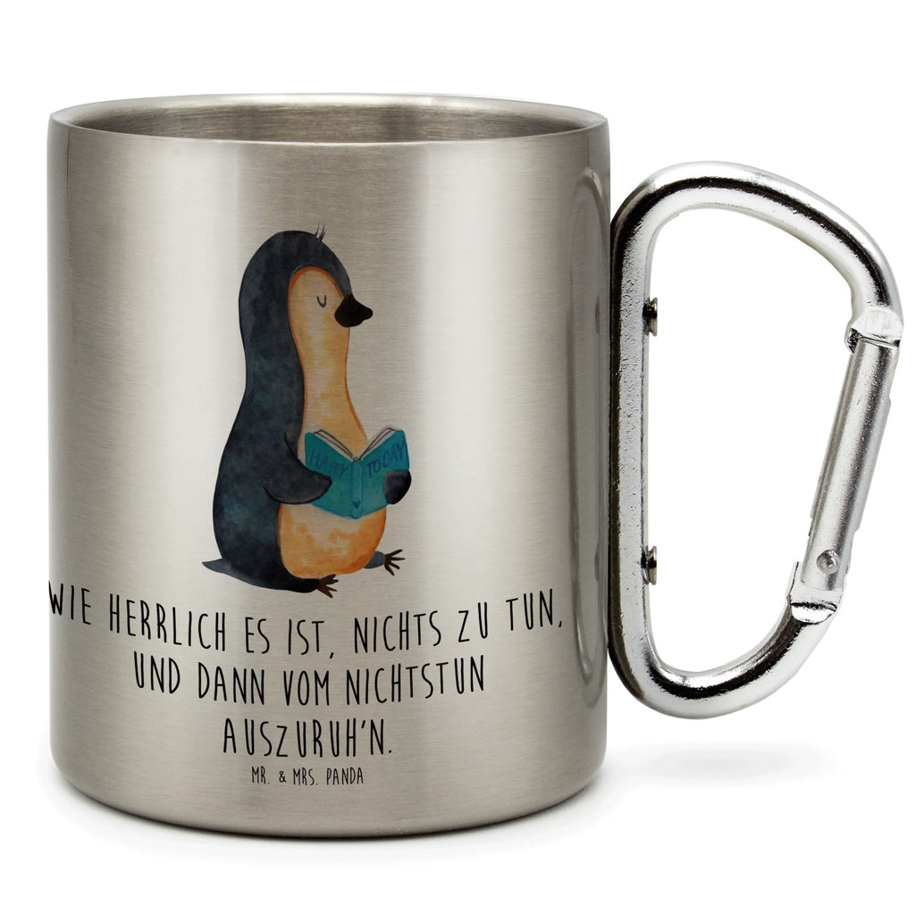 Edelstahlbecher Pinguin Buch Edelstahltasse, Karabiner, Edelstahlbecher, Outdoor, Camping, Tasse, Becher, Pinguin, Pinguine, Buch, Lesen, Bücherwurm, Nichtstun, Faulenzen, Ferien, Urlaub, Freizeit