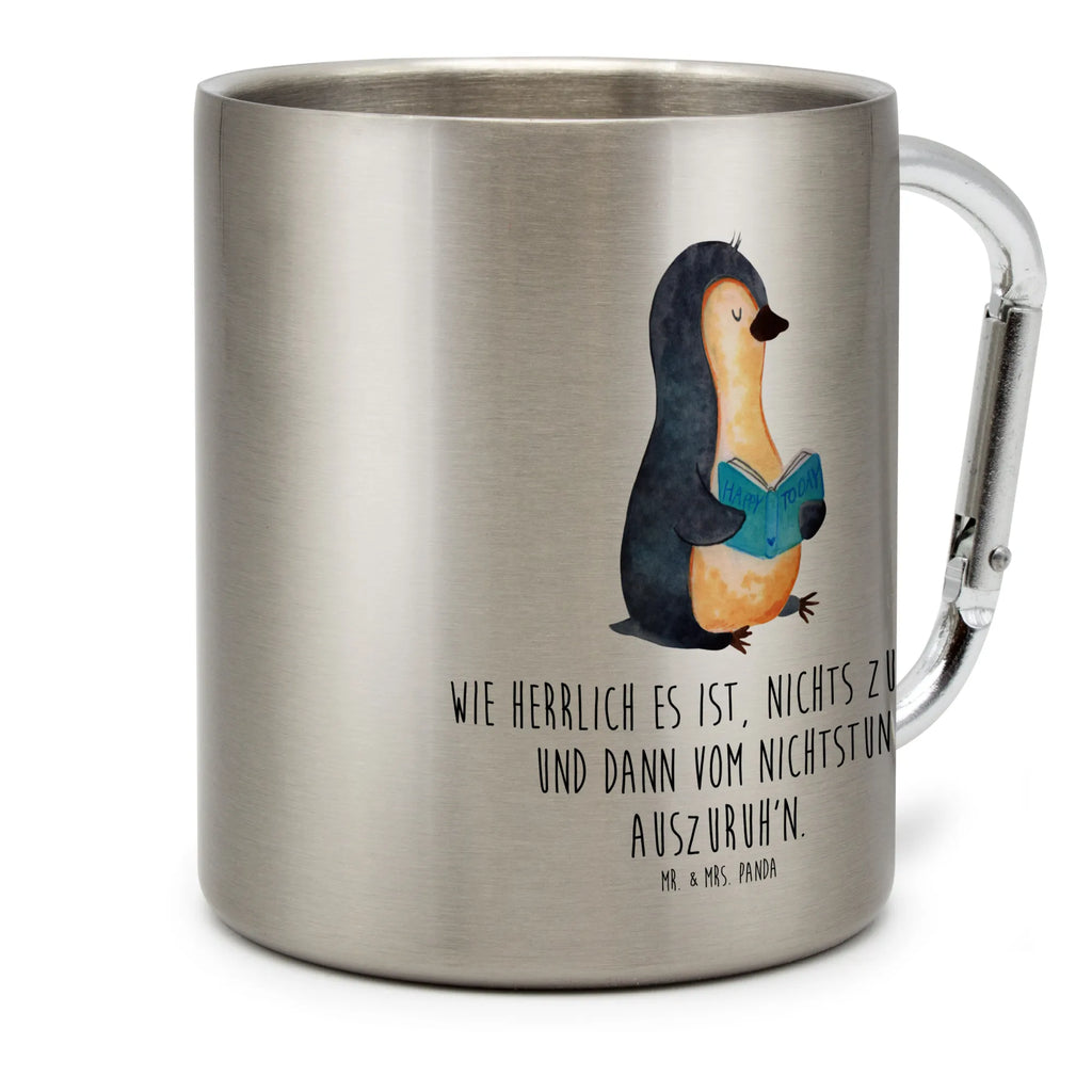 Edelstahlbecher Pinguin Buch Edelstahltasse, Karabiner, Edelstahlbecher, Outdoor, Camping, Tasse, Becher, Pinguin, Pinguine, Buch, Lesen, Bücherwurm, Nichtstun, Faulenzen, Ferien, Urlaub, Freizeit