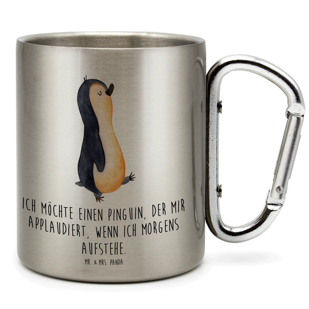 Edelstahlbecher Pinguin marschierend Edelstahltasse, Karabiner, Edelstahlbecher, Outdoor, Camping, Tasse, Becher, Pinguin, Pinguine, Frühaufsteher, Langschläfer, Bruder, Schwester, Familie