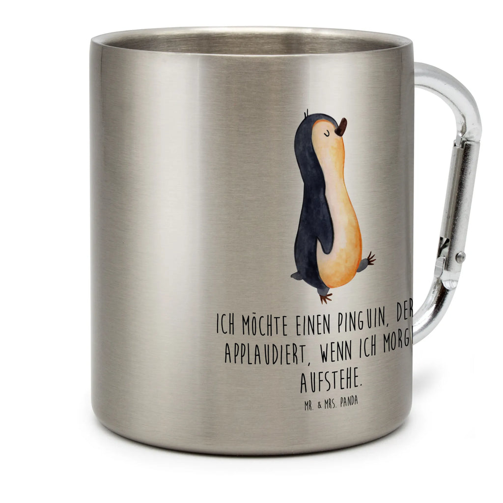 Edelstahlbecher Pinguin marschierend Edelstahltasse, Karabiner, Edelstahlbecher, Outdoor, Camping, Tasse, Becher, Pinguin, Pinguine, Frühaufsteher, Langschläfer, Bruder, Schwester, Familie