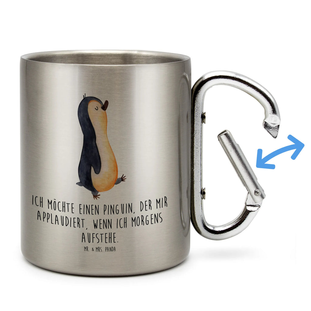 Edelstahlbecher Pinguin marschierend Edelstahltasse, Karabiner, Edelstahlbecher, Outdoor, Camping, Tasse, Becher, Pinguin, Pinguine, Frühaufsteher, Langschläfer, Bruder, Schwester, Familie