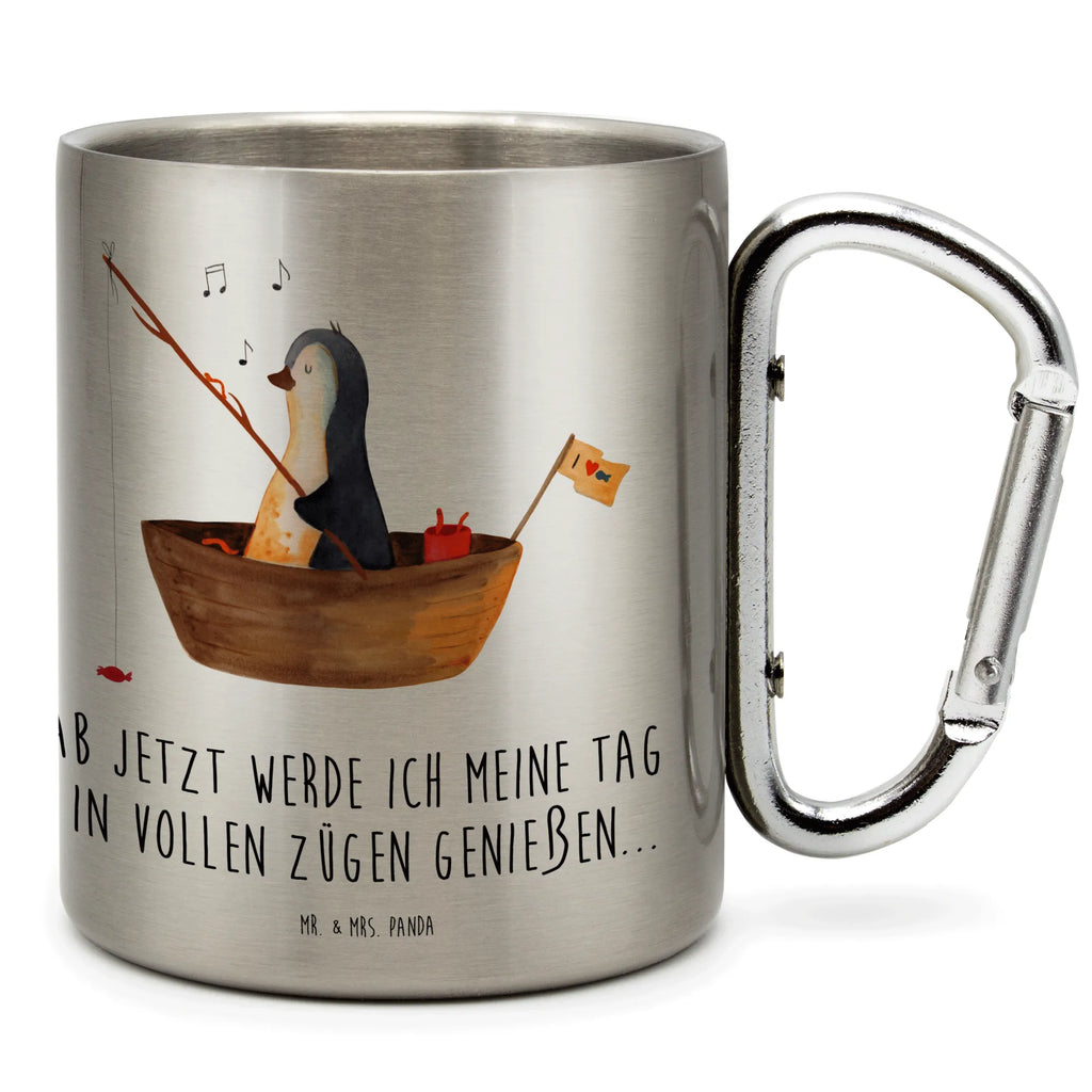 Edelstahlbecher Pinguin Angelboot Edelstahltasse, Karabiner, Edelstahlbecher, Outdoor, Camping, Tasse, Becher, Pinguin, Pinguine, Angeln, Boot, Angelboot, Lebenslust, Leben, genießen, Motivation, Neustart, Neuanfang, Trennung, Scheidung, Geschenkidee Liebeskummer