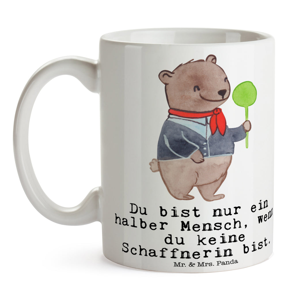 Tasse Schaffnerin mit Herz Tasse, Kaffeetasse, Teetasse, Becher, Kaffeebecher, Teebecher, Keramiktasse, Porzellantasse, Büro Tasse, Geschenk Tasse, Tasse Sprüche, Tasse Motive, Kaffeetassen, Tasse bedrucken, Designer Tasse, Cappuccino Tassen, Schöne Teetassen, Beruf, Ausbildung, Jubiläum, Abschied, Rente, Kollege, Kollegin, Geschenk, Schenken, Arbeitskollege, Mitarbeiter, Firma, Danke, Dankeschön