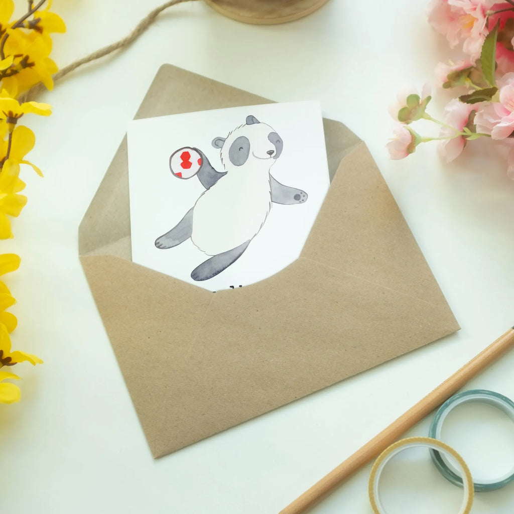 Grußkarte Panda Handball spielen Grußkarte, Klappkarte, Einladungskarte, Glückwunschkarte, Hochzeitskarte, Geburtstagskarte, Karte, Ansichtskarten, Geschenk, Sport, Sportart, Hobby, Schenken, Danke, Dankeschön, Auszeichnung, Gewinn, Sportler, Handball spielen, Handball Turnier, Handball Club, Handball Verein