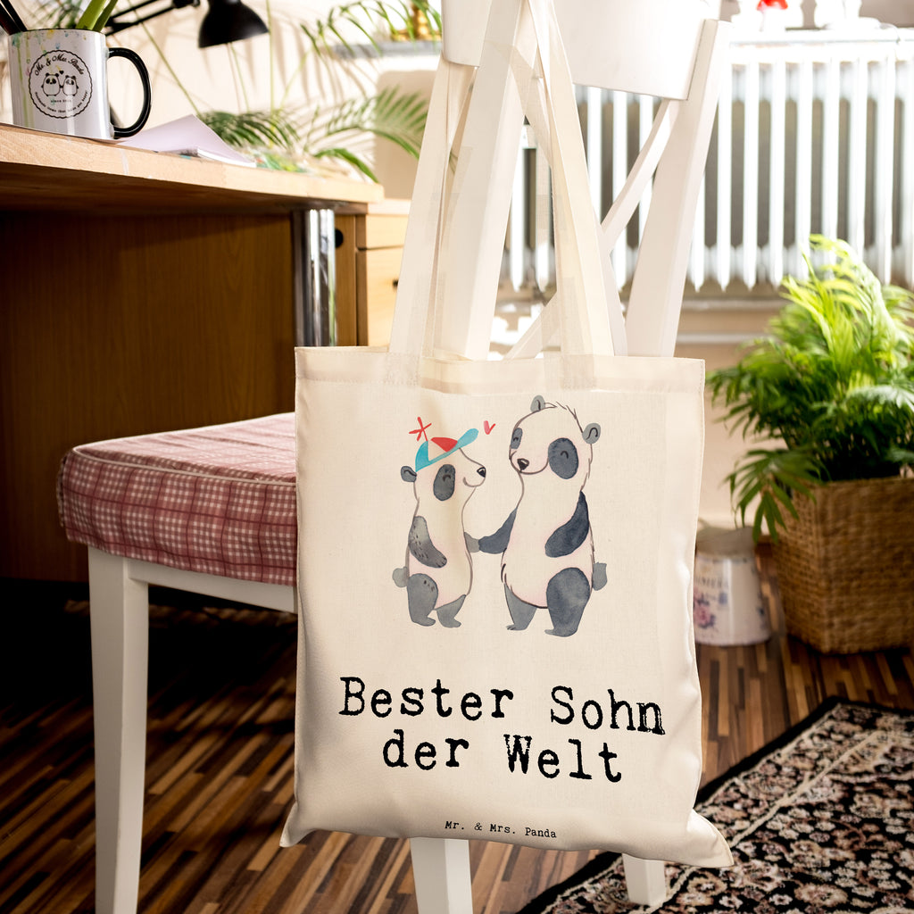 Tragetasche Panda Bester Sohn der Welt Beuteltasche, Beutel, Einkaufstasche, Jutebeutel, Stoffbeutel, Tasche, Shopper, Umhängetasche, Strandtasche, Schultertasche, Stofftasche, Tragetasche, Badetasche, Jutetasche, Einkaufstüte, Laptoptasche, für, Dankeschön, Geschenk, Schenken, Geburtstag, Geburtstagsgeschenk, Geschenkidee, Danke, Bedanken, Mitbringsel, Freude machen, Geschenktipp, Sohn, Sohnemann, Söhnchen, Bube, Bub, Nachwuchs, Nachkomme, Kind, Familie, Vater, Belohnung