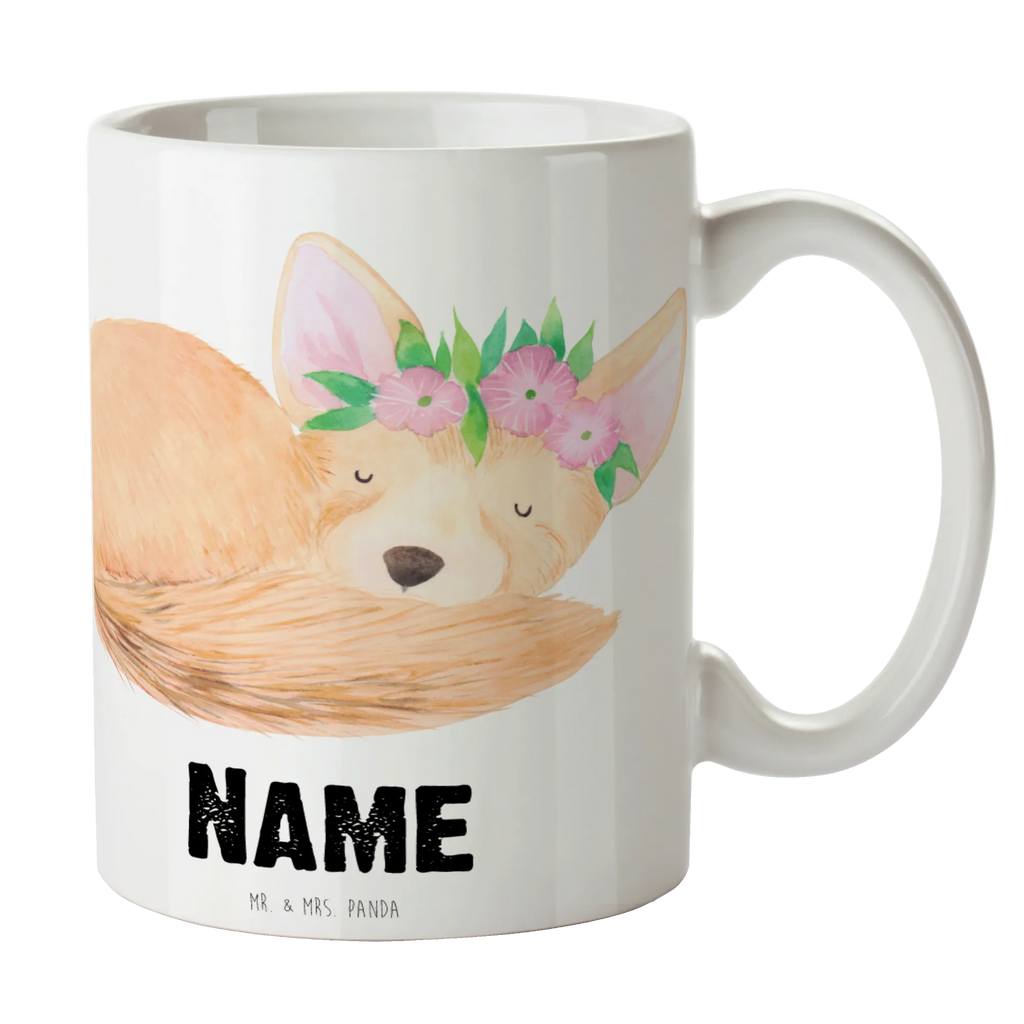 Personalisierte Tasse Wüstenfuchs Blumenkranz Personalisierte Tasse, Namenstasse, Wunschname, Personalisiert, Tasse, Namen, Drucken, Tasse mit Namen, Afrika, Wildtiere, Wüste, Wüstenfuchs, Blumen, Blumenkranz, Glücklich