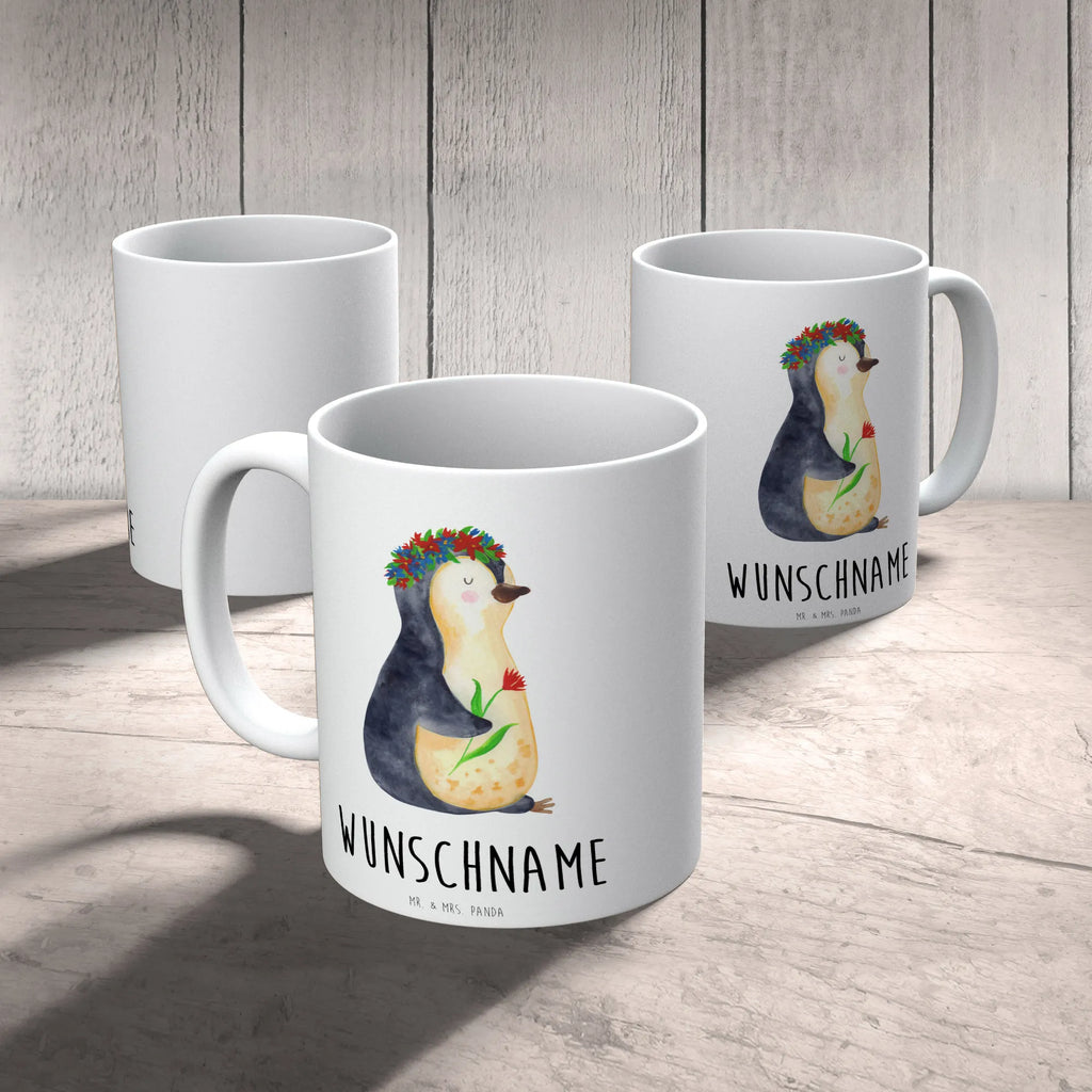 Personalisierte Tasse Pinguin Blumenkranz Personalisierte Tasse, Namenstasse, Wunschname, Personalisiert, Tasse, Namen, Drucken, Tasse mit Namen, Pinguin, Pinguine, Blumenkranz, Universum, Leben, Wünsche, Ziele, Lebensziele, Motivation, Lebenslust, Liebeskummer, Geschenkidee