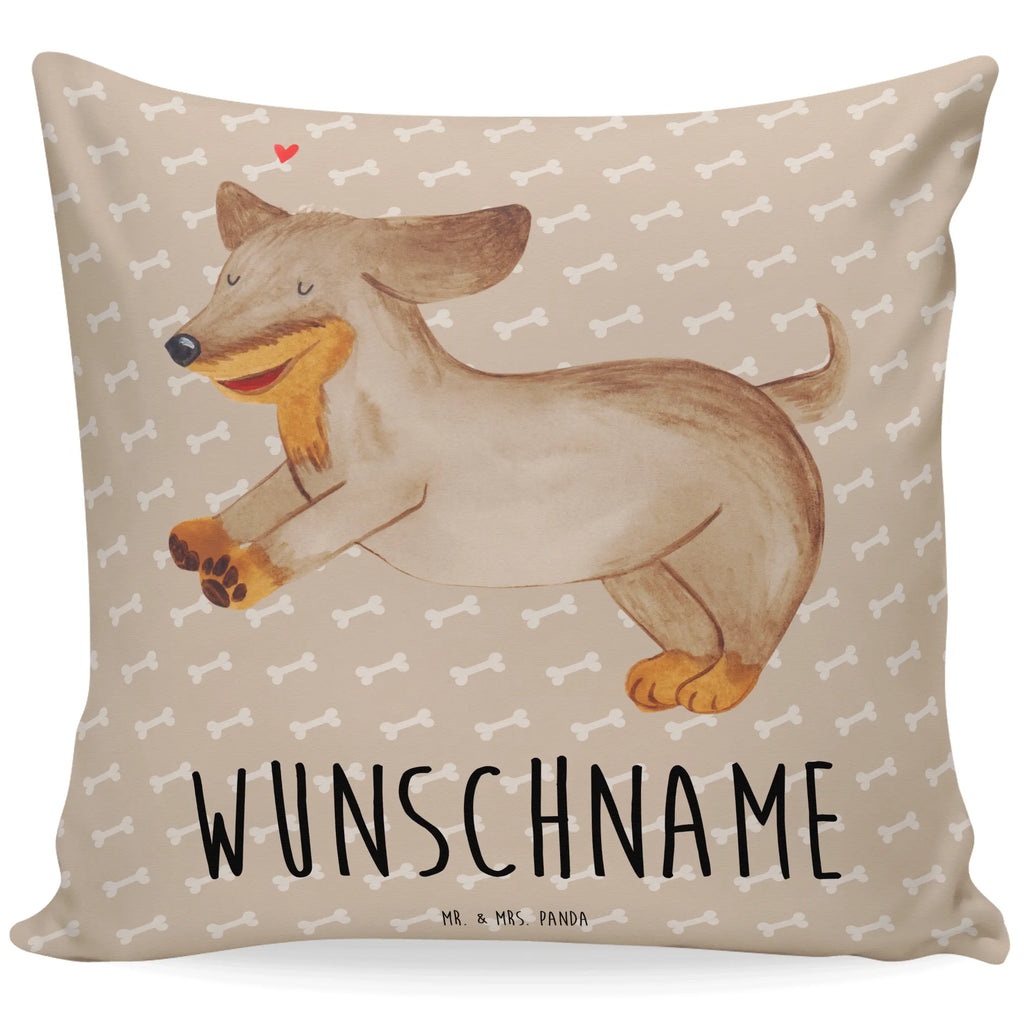 Personalisiertes Kissen Hund Dackel fröhlich Kissen, personalisiert, Name, Wunschname, bedrucken, Kopfkissen, Hund, Hundemotiv, Haustier, Hunderasse, Tierliebhaber, Hundebesitzer, Sprüche, Hunde, Dackel, Dachshund, happy dog