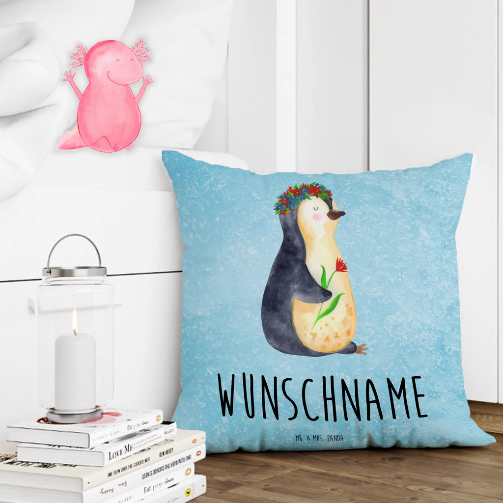 Personalisiertes Kissen Pinguin Blumenkranz Kissen, personalisiert, Name, Wunschname, bedrucken, Kopfkissen, Pinguin, Pinguine, Blumenkranz, Universum, Leben, Wünsche, Ziele, Lebensziele, Motivation, Lebenslust, Liebeskummer, Geschenkidee