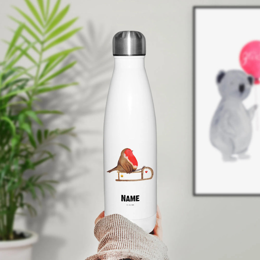 Personalisierte Thermosflasche Rotkehlchen Schlitten Personalisierte Isolierflasche, Personalisierte Thermoflasche, Personalisierte Trinkflasche, Trinkflasche Mit Namen, Wunschname, Bedrucken, Namensflasche, Winter, Weihnachten, Weihnachtsdeko, Nikolaus, Advent, Heiligabend, Wintermotiv, Schlitten, Vogel