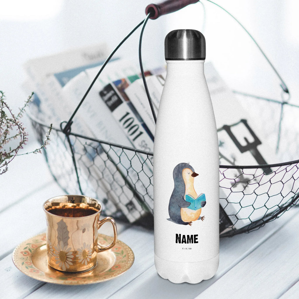 Personalisierte Thermosflasche Pinguin Buch Personalisierte Isolierflasche, Personalisierte Thermoflasche, Personalisierte Trinkflasche, Trinkflasche Mit Namen, Wunschname, Bedrucken, Namensflasche, Pinguin, Pinguine, Buch, Lesen, Bücherwurm, Nichtstun, Faulenzen, Ferien, Urlaub, Freizeit