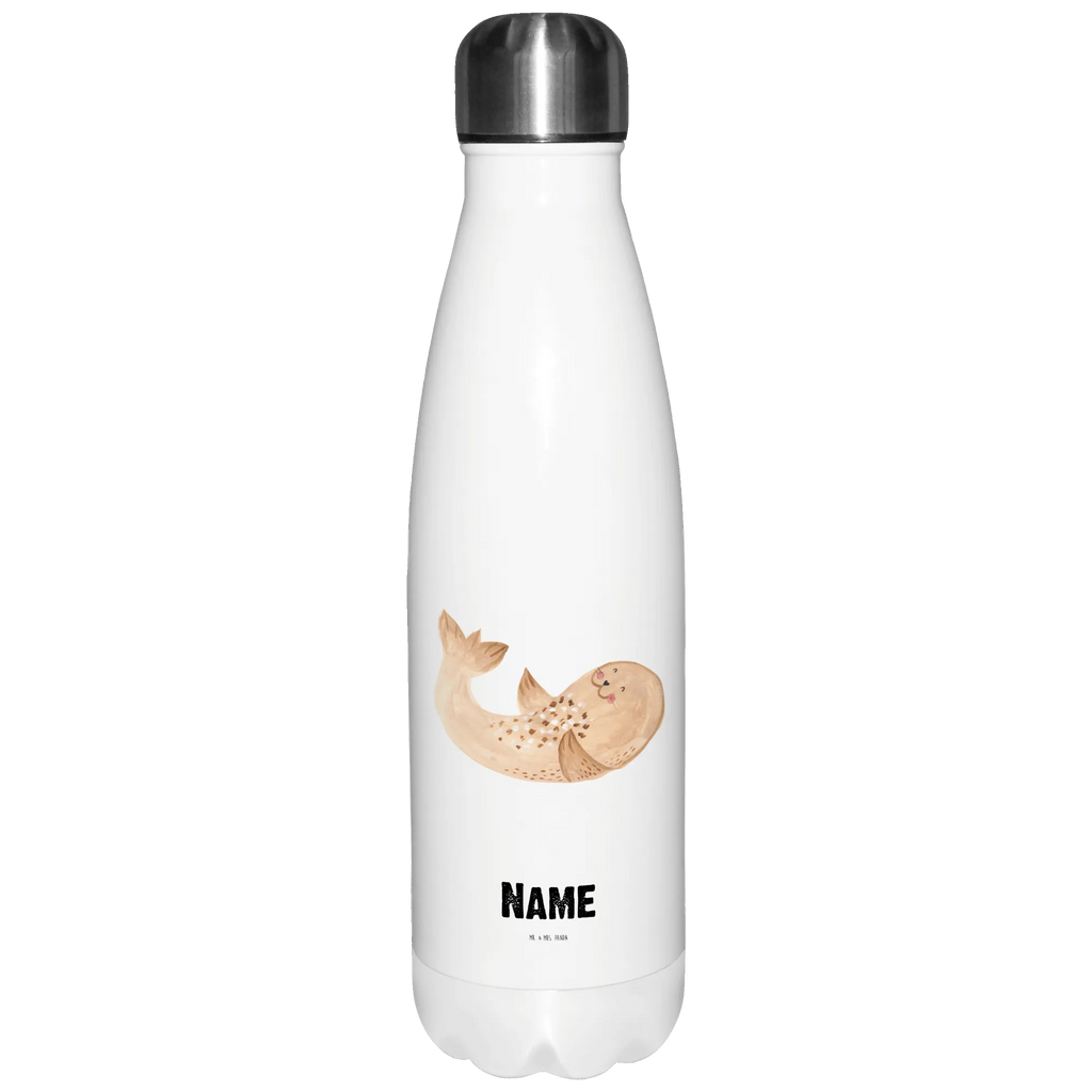 Personalisierte Thermosflasche Robbe liegend Personalisierte Isolierflasche, Personalisierte Thermoflasche, Personalisierte Trinkflasche, Trinkflasche Mit Namen, Wunschname, Bedrucken, Namensflasche, Tiermotive, Gute Laune, lustige Sprüche, Tiere, Robbe, Robben, Seehund, Strand, Meerestier, Ostsee, Nordsee, Lachen, Freude