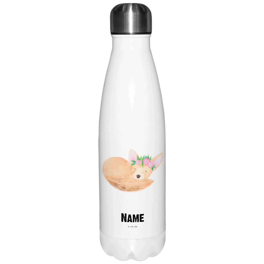 Personalisierte Thermosflasche Wüstenfuchs Blumenkranz Personalisierte Isolierflasche, Personalisierte Thermoflasche, Personalisierte Trinkflasche, Trinkflasche Mit Namen, Wunschname, Bedrucken, Namensflasche, Afrika, Wildtiere, Wüste, Wüstenfuchs, Blumen, Blumenkranz, Glücklich