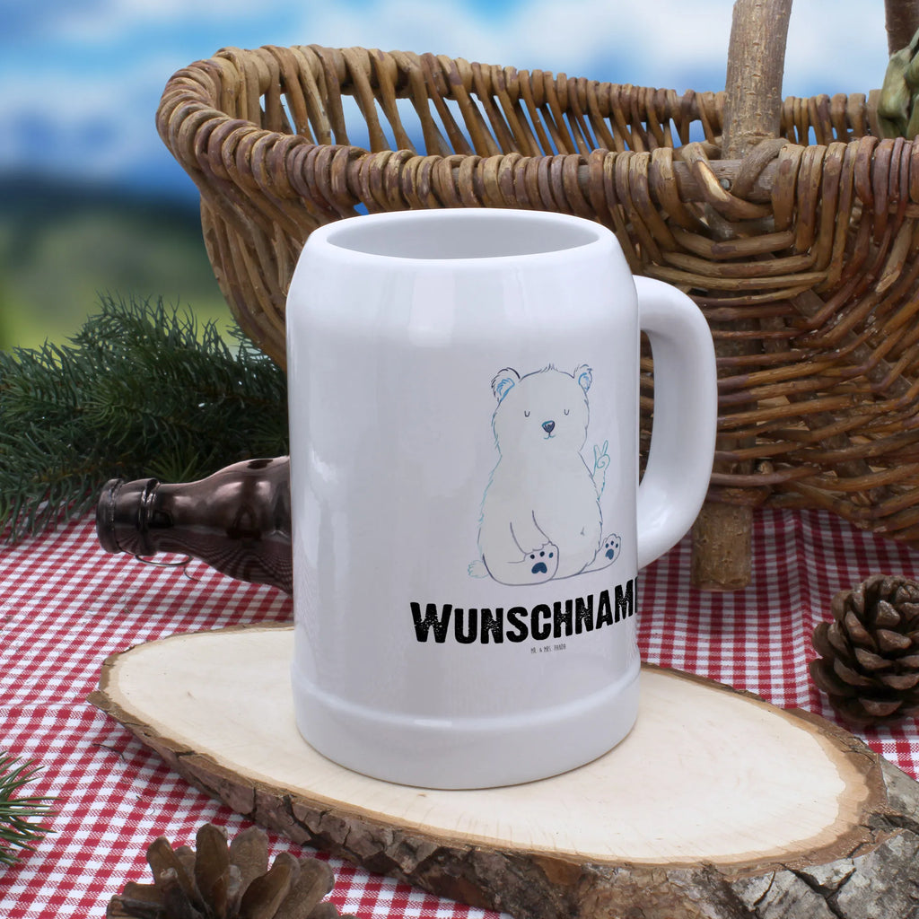 Personalisierter Bierkrug Eisbär Faul Bierkrug mit Namen, Bierkrug personalisieren, Bierglas mit Namen, Personalisierung, Bedrucken, Bär, Teddy, Teddybär, Eisbär, Nordpol, Faul, Entspannen, Relaxen, Büro, Arbeit, Bürojob, Arbeitsplatz, Homeoffice