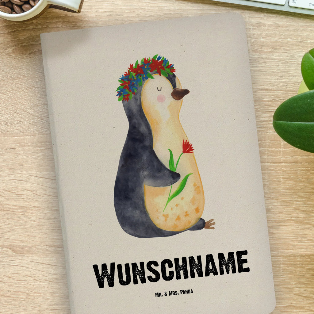 DIN A4 Personalisiertes Notizbuch Pinguin Blumenkranz Personalisiertes Notizbuch, Notizbuch mit Namen, Notizbuch bedrucken, Personalisierung, Namensbuch, Namen, Pinguin, Pinguine, Blumenkranz, Universum, Leben, Wünsche, Ziele, Lebensziele, Motivation, Lebenslust, Liebeskummer, Geschenkidee