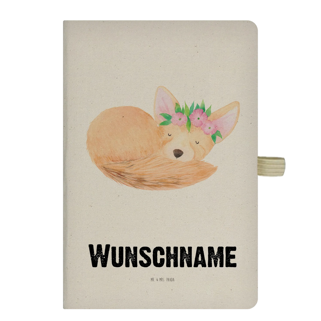 DIN A4 Personalisiertes Notizbuch Wüstenfuchs Blumenkranz Personalisiertes Notizbuch, Notizbuch mit Namen, Notizbuch bedrucken, Personalisierung, Namensbuch, Namen, Afrika, Wildtiere, Wüste, Wüstenfuchs, Blumen, Blumenkranz, Glücklich