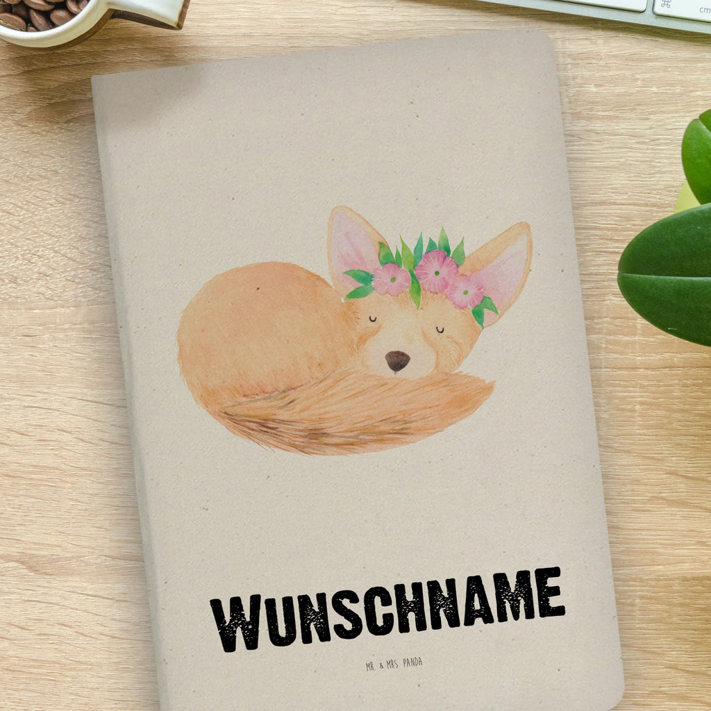 DIN A4 Personalisiertes Notizbuch Wüstenfuchs Blumenkranz Personalisiertes Notizbuch, Notizbuch mit Namen, Notizbuch bedrucken, Personalisierung, Namensbuch, Namen, Afrika, Wildtiere, Wüste, Wüstenfuchs, Blumen, Blumenkranz, Glücklich