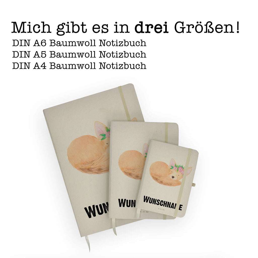 DIN A4 Personalisiertes Notizbuch Wüstenfuchs Blumenkranz Personalisiertes Notizbuch, Notizbuch mit Namen, Notizbuch bedrucken, Personalisierung, Namensbuch, Namen, Afrika, Wildtiere, Wüste, Wüstenfuchs, Blumen, Blumenkranz, Glücklich