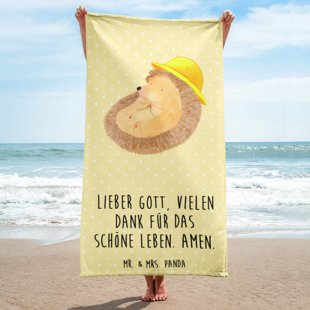 XL Badehandtuch Igel betet Handtuch, Badetuch, Duschtuch, Strandtuch, Saunatuch, Tiermotive, Gute Laune, lustige Sprüche, Tiere, Igel, Igel mit Hut, Sonnenhut, Gott, Amen, beten, Leben, Dankbarkeit, Dankbar sein, dankbar, genießen