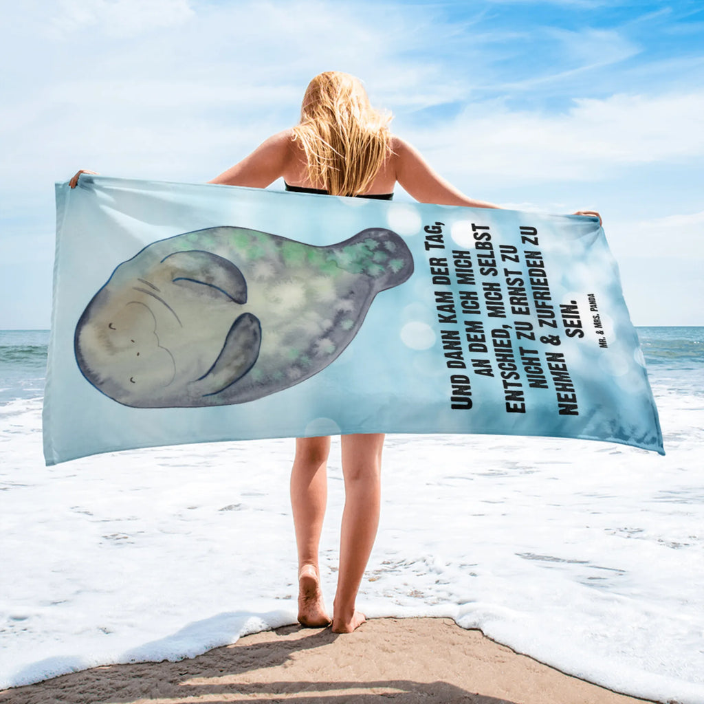 XL bath towel manatee happy Handtuch, Badetuch, Duschtuch, Strandtuch, Saunatuch, Meerestiere, Meer, Urlaub, Seekuh, Seekühe, Selbstliebe, Respekt, Neuanfang, Neustart, Achtsamkeit, Zufrieden, Liebeskummer, Freundin