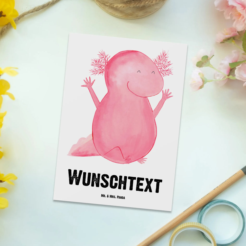 Personalisierte Postkarte Axolotl Hurra Postkarte mit Namen, Postkarte bedrucken, Postkarte mit Wunschtext, Postkarte personalisierbar, Geschenkkarte mit Namen, Grußkarte mit Namen, Karte mit Namen, Einladung mit Namen, Ansichtskarte mit Namen, Geschenkkarte mit Wunschtext, Grußkarte mit Wunschtext, Karte mit Wunschtext, Einladung mit Wunschtext, Ansichtskarte mit Wunschtext, Axolotl, Molch, Axolot, Schwanzlurch, Lurch, Lurche, fröhlich, Spaß, Freude, Motivation, Zufriedenheit