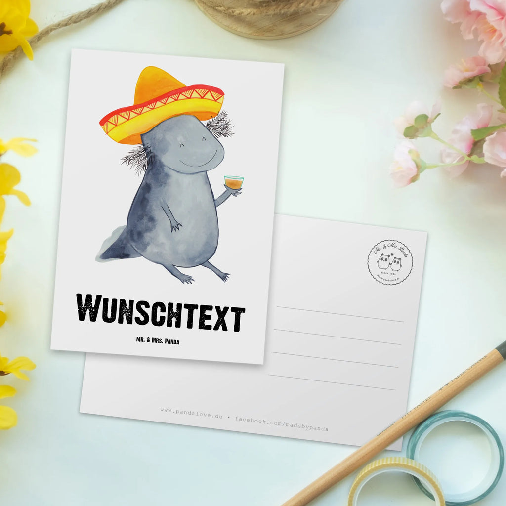 Personalisierte Postkarte Axolotl Tequila Postkarte mit Namen, Postkarte bedrucken, Postkarte mit Wunschtext, Postkarte personalisierbar, Geschenkkarte mit Namen, Grußkarte mit Namen, Karte mit Namen, Einladung mit Namen, Ansichtskarte mit Namen, Geschenkkarte mit Wunschtext, Grußkarte mit Wunschtext, Karte mit Wunschtext, Einladung mit Wunschtext, Ansichtskarte mit Wunschtext, Axolotl, Molch, Mexico, Mexiko, Sombrero, Zitrone, Tequila, Motivation, Spruch, Schwanzlurch, Lurch, Lurche, Axolot, Feuerdrache, Feuersalamander