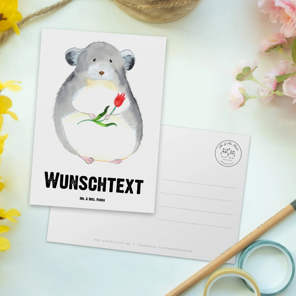 Personalisierte Postkarte Chinchilla mit Blume Postkarte mit Namen, Postkarte bedrucken, Postkarte mit Wunschtext, Postkarte personalisierbar, Geschenkkarte mit Namen, Grußkarte mit Namen, Karte mit Namen, Einladung mit Namen, Ansichtskarte mit Namen, Geschenkkarte mit Wunschtext, Grußkarte mit Wunschtext, Karte mit Wunschtext, Einladung mit Wunschtext, Ansichtskarte mit Wunschtext, Tiermotive, Gute Laune, lustige Sprüche, Tiere, Chinchilla, Chinchillas, Liebeskummer, Kummer, Depressionen, traurig sein, Chaos, Glücklichsein, Büro, Büroalltag