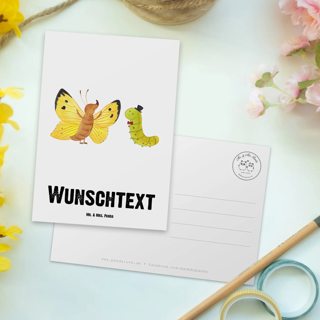 Personalisierte Postkarte Raupe & Schmetterling Postkarte mit Namen, Postkarte bedrucken, Postkarte mit Wunschtext, Postkarte personalisierbar, Geschenkkarte mit Namen, Grußkarte mit Namen, Karte mit Namen, Einladung mit Namen, Ansichtskarte mit Namen, Geschenkkarte mit Wunschtext, Grußkarte mit Wunschtext, Karte mit Wunschtext, Einladung mit Wunschtext, Ansichtskarte mit Wunschtext, Tiermotive, Gute Laune, lustige Sprüche, Tiere, Raupe, Schmetterling, Zitronenfalter, Entwicklung, Erwachsen werden, Kokon, Hut, Hütchen, Schönheit, Aufwachsen