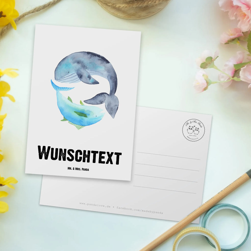 Personalisierte Postkarte Walfisch & Thunfisch Postkarte mit Namen, Postkarte bedrucken, Postkarte mit Wunschtext, Postkarte personalisierbar, Geschenkkarte mit Namen, Grußkarte mit Namen, Karte mit Namen, Einladung mit Namen, Ansichtskarte mit Namen, Geschenkkarte mit Wunschtext, Grußkarte mit Wunschtext, Karte mit Wunschtext, Einladung mit Wunschtext, Ansichtskarte mit Wunschtext, Tiermotive, Gute Laune, lustige Sprüche, Tiere, Wal, Wahl, Tunfisch, Wortwitz lustig, Spruch lustig, Flachwitz, Witz, Spruch des Tages, Flachwitz Geschenk