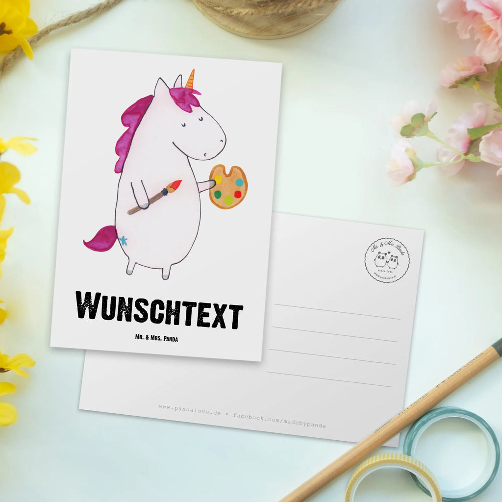 Personalisierte Postkarte Einhorn Künstler Postkarte mit Namen, Postkarte bedrucken, Postkarte mit Wunschtext, Postkarte personalisierbar, Geschenkkarte mit Namen, Grußkarte mit Namen, Karte mit Namen, Einladung mit Namen, Ansichtskarte mit Namen, Geschenkkarte mit Wunschtext, Grußkarte mit Wunschtext, Karte mit Wunschtext, Einladung mit Wunschtext, Ansichtskarte mit Wunschtext, Einhorn, Einhörner, Einhorn Deko, Pegasus, Unicorn, Englisch, Künstler, Artist, Malen, Zeichnen, Welt, Farbe, Stift, Pinsel, Geschenk, Maler