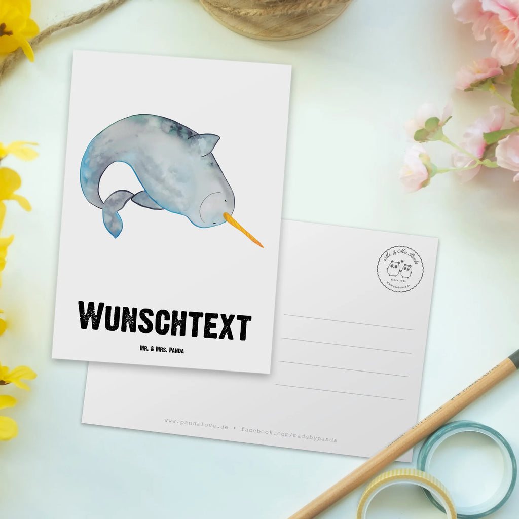 Personalisierte Postkarte Narwal Postkarte mit Namen, Postkarte bedrucken, Postkarte mit Wunschtext, Postkarte personalisierbar, Geschenkkarte mit Namen, Grußkarte mit Namen, Karte mit Namen, Einladung mit Namen, Ansichtskarte mit Namen, Geschenkkarte mit Wunschtext, Grußkarte mit Wunschtext, Karte mit Wunschtext, Einladung mit Wunschtext, Ansichtskarte mit Wunschtext, Meerestiere, Meer, Urlaub, Narwal, Wal, Putzen, Hausfrau, Junggesellin, aufräumen, Kinderzimmer