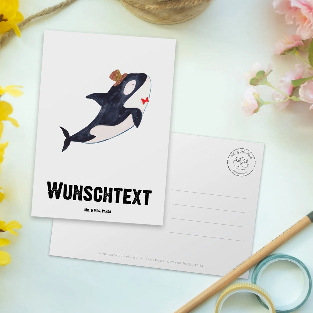 Personalisierte Postkarte Orca Zylinder Postkarte mit Namen, Postkarte bedrucken, Postkarte mit Wunschtext, Postkarte personalisierbar, Geschenkkarte mit Namen, Grußkarte mit Namen, Karte mit Namen, Einladung mit Namen, Ansichtskarte mit Namen, Geschenkkarte mit Wunschtext, Grußkarte mit Wunschtext, Karte mit Wunschtext, Einladung mit Wunschtext, Ansichtskarte mit Wunschtext, Meerestiere, Meer, Urlaub, Narwal, Glitter, Konfetti, Glitzer, Geburtstag, Feier, Fete, Fest, Glückwunsch, Orca