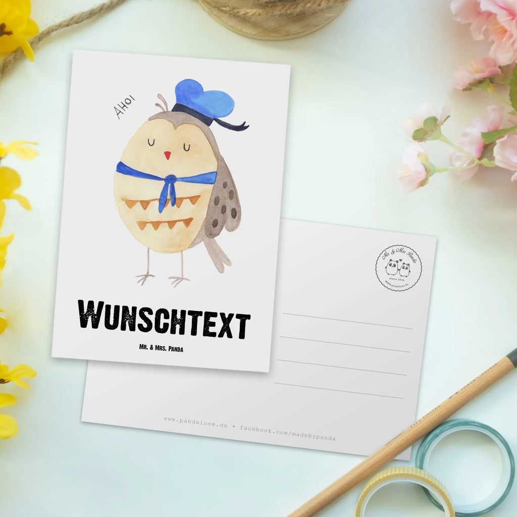 Personalisierte Postkarte Eule Matrosen Postkarte mit Namen, Postkarte bedrucken, Postkarte mit Wunschtext, Postkarte personalisierbar, Geschenkkarte mit Namen, Grußkarte mit Namen, Karte mit Namen, Einladung mit Namen, Ansichtskarte mit Namen, Geschenkkarte mit Wunschtext, Grußkarte mit Wunschtext, Karte mit Wunschtext, Einladung mit Wunschtext, Ansichtskarte mit Wunschtext, Eule, Eule Spruch, Eule Deko, Owl, Wortspiel lustig, Matrose, Freundin, Ehe, Seefahrer, Heimathafen, Hochzeitstag Geschenk