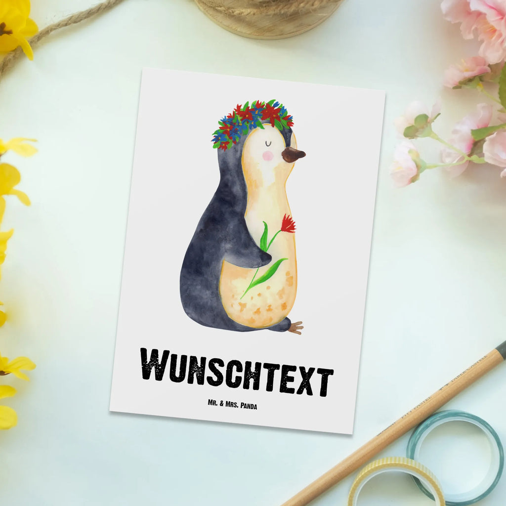 Personalisierte Postkarte Pinguin Blumenkranz Postkarte mit Namen, Postkarte bedrucken, Postkarte mit Wunschtext, Postkarte personalisierbar, Geschenkkarte mit Namen, Grußkarte mit Namen, Karte mit Namen, Einladung mit Namen, Ansichtskarte mit Namen, Geschenkkarte mit Wunschtext, Grußkarte mit Wunschtext, Karte mit Wunschtext, Einladung mit Wunschtext, Ansichtskarte mit Wunschtext, Pinguin, Pinguine, Blumenkranz, Universum, Leben, Wünsche, Ziele, Lebensziele, Motivation, Lebenslust, Liebeskummer, Geschenkidee