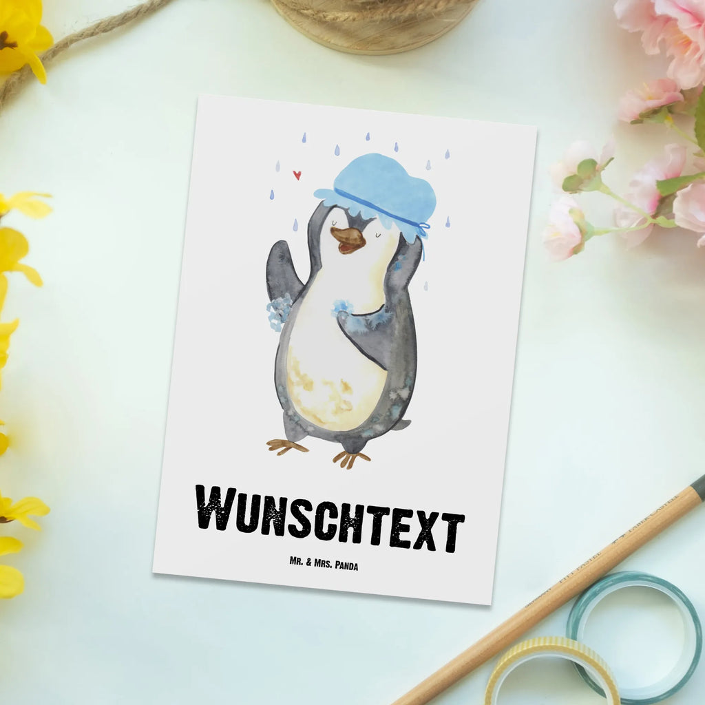 Personalisierte Postkarte Pinguin duscht Postkarte mit Namen, Postkarte bedrucken, Postkarte mit Wunschtext, Postkarte personalisierbar, Geschenkkarte mit Namen, Grußkarte mit Namen, Karte mit Namen, Einladung mit Namen, Ansichtskarte mit Namen, Geschenkkarte mit Wunschtext, Grußkarte mit Wunschtext, Karte mit Wunschtext, Einladung mit Wunschtext, Ansichtskarte mit Wunschtext, Pinguin, Pinguine, Dusche, duschen, Lebensmotto, Motivation, Neustart, Neuanfang, glücklich sein