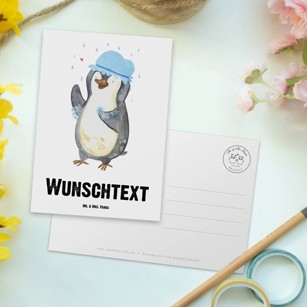 Personalisierte Postkarte Pinguin duscht Postkarte mit Namen, Postkarte bedrucken, Postkarte mit Wunschtext, Postkarte personalisierbar, Geschenkkarte mit Namen, Grußkarte mit Namen, Karte mit Namen, Einladung mit Namen, Ansichtskarte mit Namen, Geschenkkarte mit Wunschtext, Grußkarte mit Wunschtext, Karte mit Wunschtext, Einladung mit Wunschtext, Ansichtskarte mit Wunschtext, Pinguin, Pinguine, Dusche, duschen, Lebensmotto, Motivation, Neustart, Neuanfang, glücklich sein