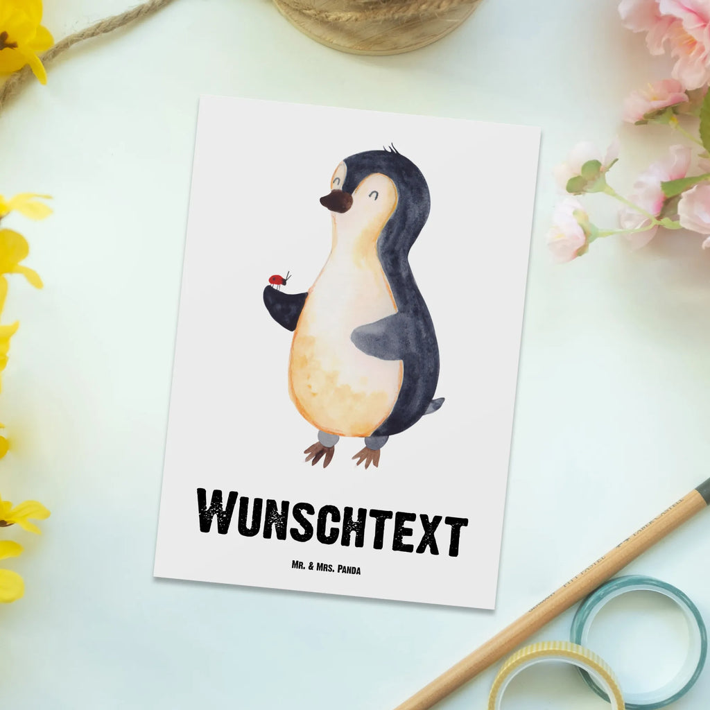 Personalisierte Postkarte Pinguin Marienkäfer Postkarte mit Namen, Postkarte bedrucken, Postkarte mit Wunschtext, Postkarte personalisierbar, Geschenkkarte mit Namen, Grußkarte mit Namen, Karte mit Namen, Einladung mit Namen, Ansichtskarte mit Namen, Geschenkkarte mit Wunschtext, Grußkarte mit Wunschtext, Karte mit Wunschtext, Einladung mit Wunschtext, Ansichtskarte mit Wunschtext, Pinguin, Pinguine, Marienkäfer, Liebe, Wunder, Glück, Freude, Lebensfreude