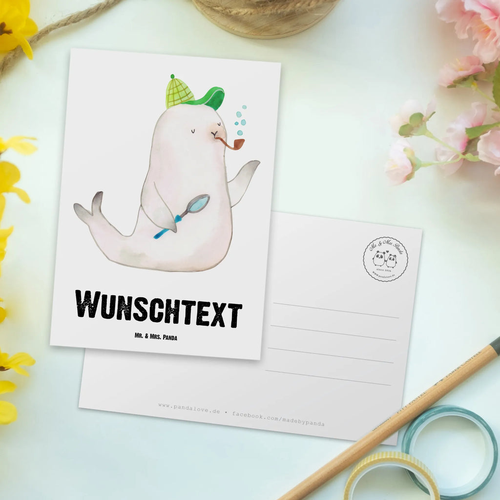 Personalisierte Postkarte Robbe Sherlock Postkarte mit Namen, Postkarte bedrucken, Postkarte mit Wunschtext, Postkarte personalisierbar, Geschenkkarte mit Namen, Grußkarte mit Namen, Karte mit Namen, Einladung mit Namen, Ansichtskarte mit Namen, Geschenkkarte mit Wunschtext, Grußkarte mit Wunschtext, Karte mit Wunschtext, Einladung mit Wunschtext, Ansichtskarte mit Wunschtext, Tiermotive, Gute Laune, lustige Sprüche, Tiere