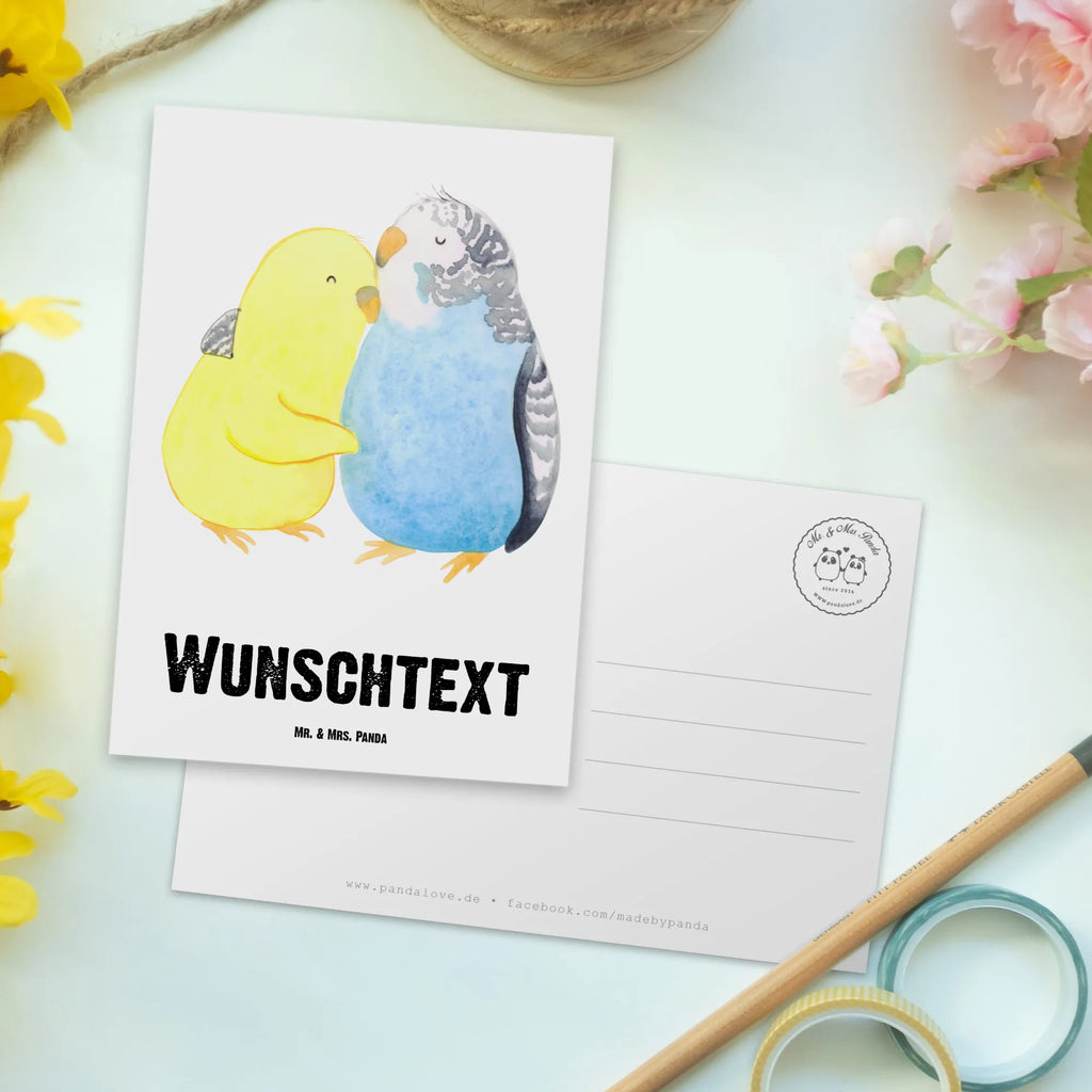 Personalisierte Postkarte Wellensittich Liebe Postkarte mit Namen, Postkarte bedrucken, Postkarte mit Wunschtext, Postkarte personalisierbar, Geschenkkarte mit Namen, Grußkarte mit Namen, Karte mit Namen, Einladung mit Namen, Ansichtskarte mit Namen, Geschenkkarte mit Wunschtext, Grußkarte mit Wunschtext, Karte mit Wunschtext, Einladung mit Wunschtext, Ansichtskarte mit Wunschtext, Liebe, Partner, Freund, Freundin, Ehemann, Ehefrau, Heiraten, Verlobung, Heiratsantrag, Liebesgeschenk, Jahrestag, Hocheitstag, Vögel, Wellensittich, Nähe, Kuscheln, Vertrauen