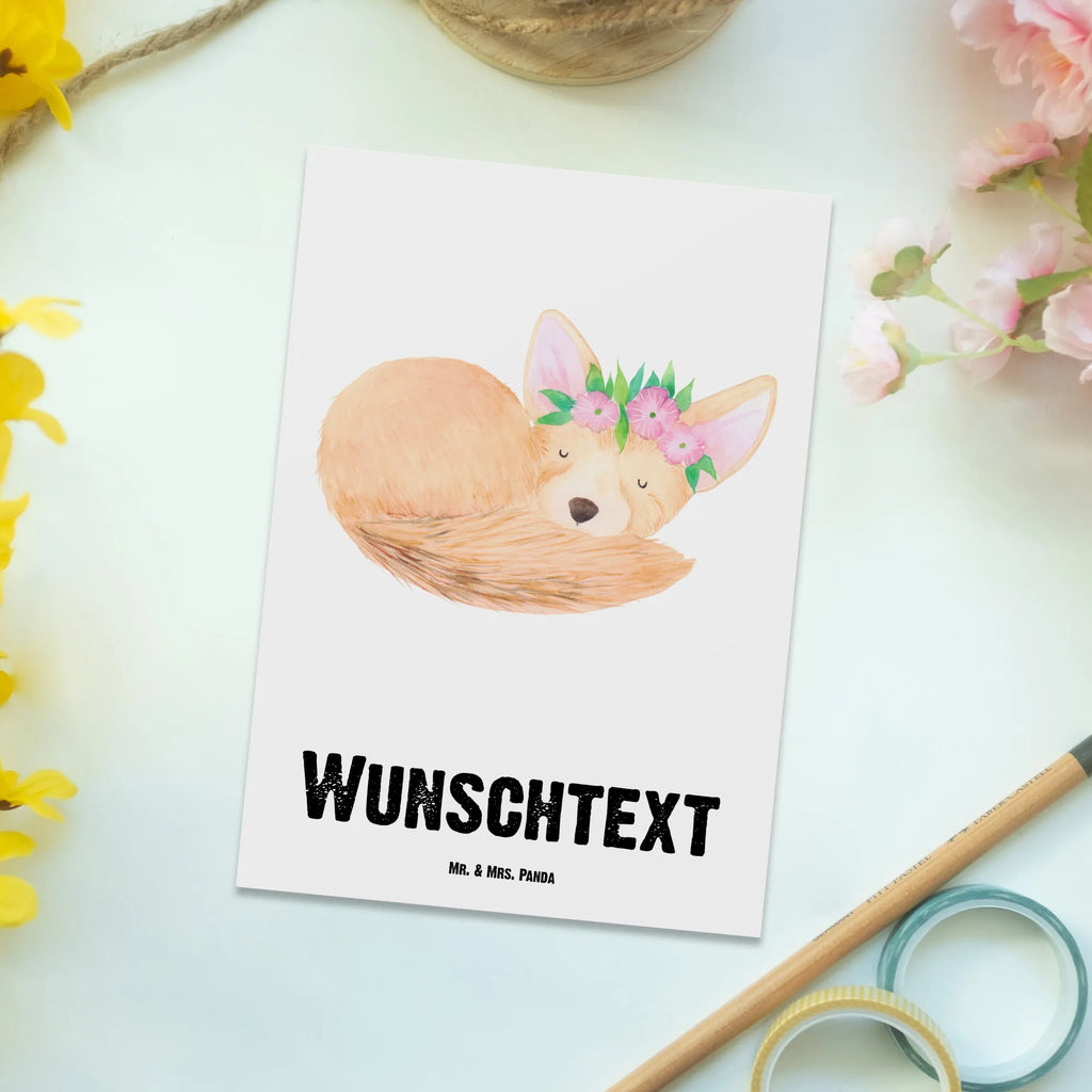 Personalisierte Postkarte Wüstenfuchs Blumenkranz Postkarte mit Namen, Postkarte bedrucken, Postkarte mit Wunschtext, Postkarte personalisierbar, Geschenkkarte mit Namen, Grußkarte mit Namen, Karte mit Namen, Einladung mit Namen, Ansichtskarte mit Namen, Geschenkkarte mit Wunschtext, Grußkarte mit Wunschtext, Karte mit Wunschtext, Einladung mit Wunschtext, Ansichtskarte mit Wunschtext, Afrika, Wildtiere, Wüste, Wüstenfuchs, Blumen, Blumenkranz, Glücklich